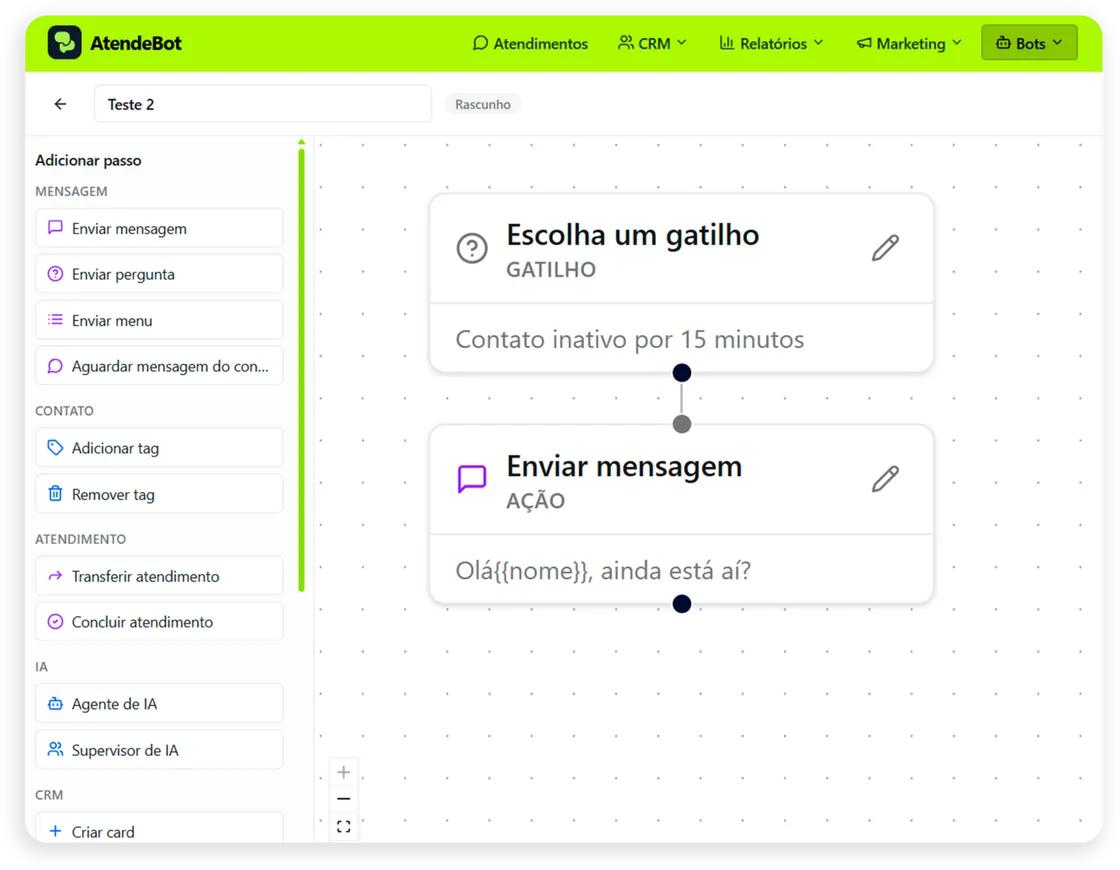 Editor de automações do AtendeBot com gatilho de contato inativo e envio de mensagem de follow-up