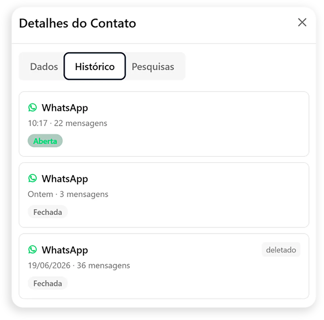 Detalhes do contato no AtendeBot com o histórico de conversas no WhatsApp