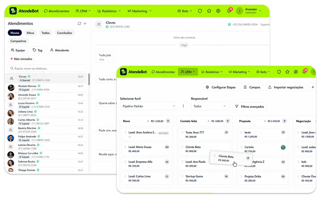 Telas do AtendeBot com a lista de atendimentos do WhatsApp e o funil de vendas em colunas